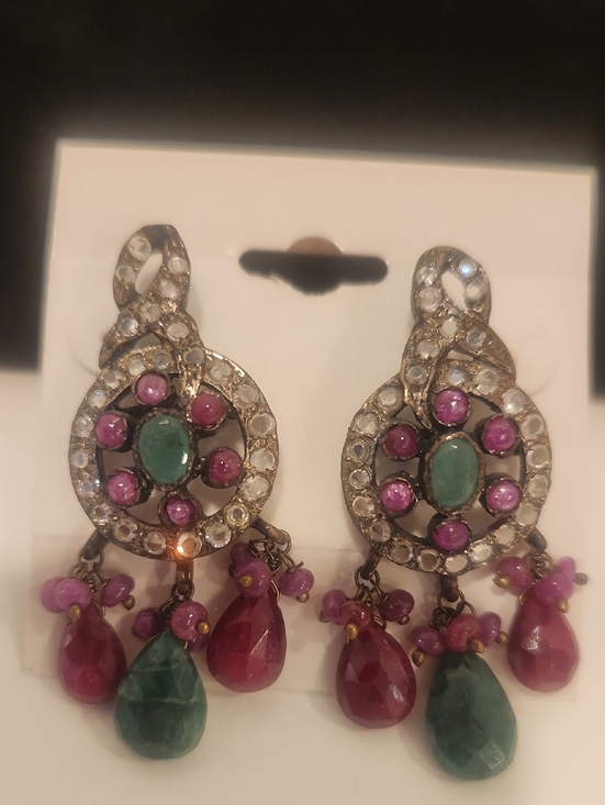 Maharajah Jewelry - MaharajahVintage Green RED  Pink Gemstone Drop Earrings Collectibles Pierce